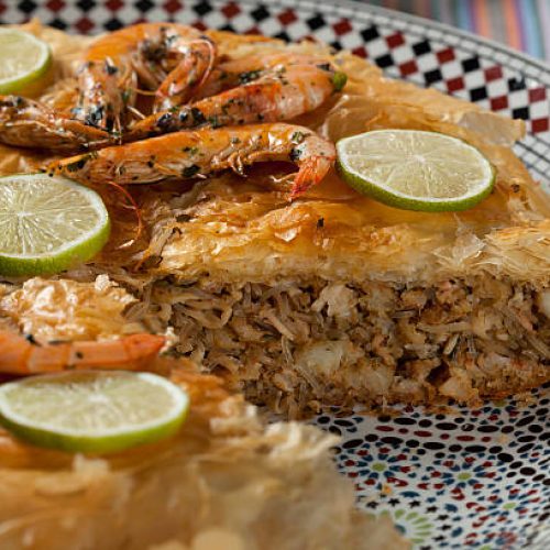 fresh baked moroccan fish pastilla close up